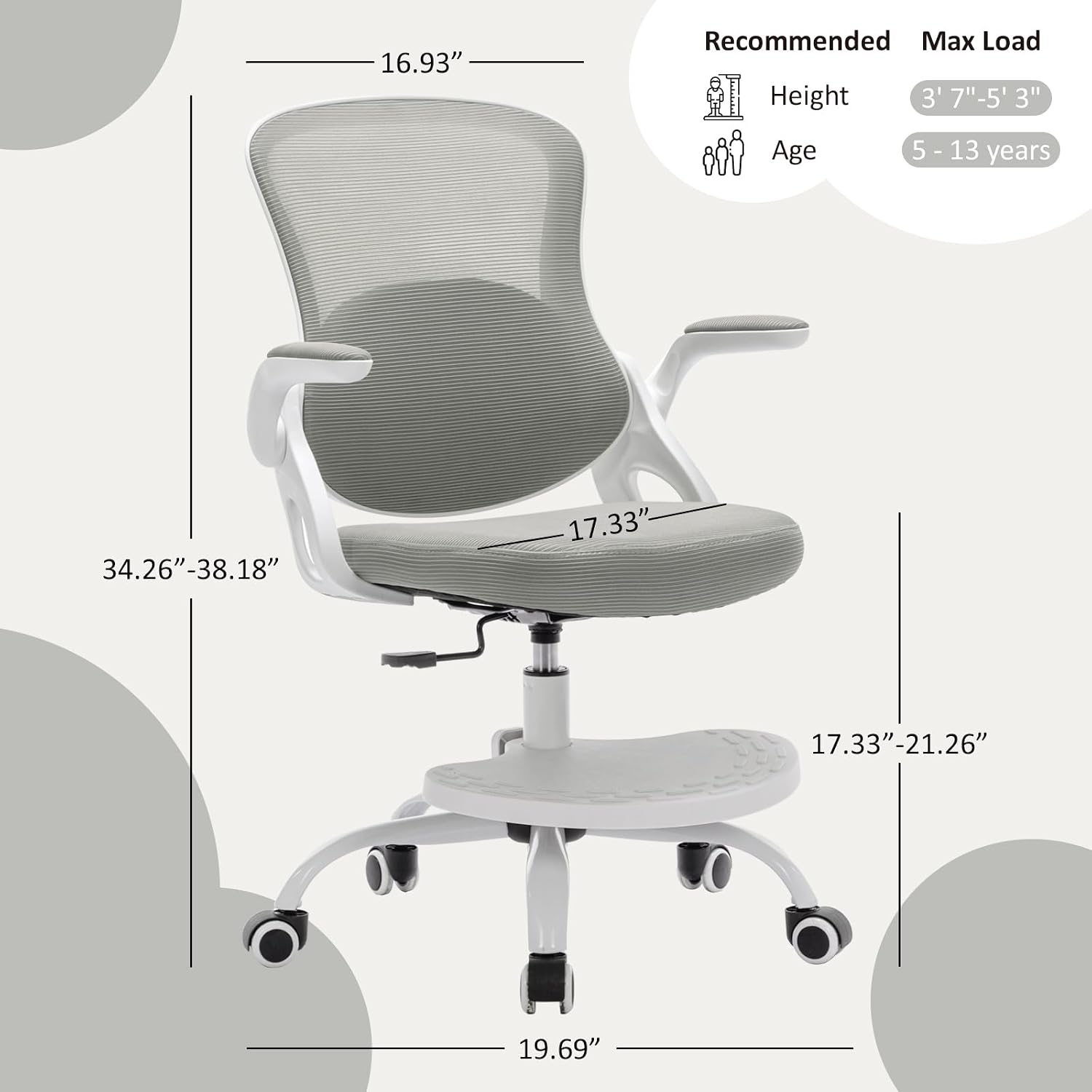 Kids Desk Chair,Ergonomic Study Chair with Adjustable Height,Swivel Mesh Desk Chair with Wheels,Home Office Chair for Children in Home Bedroom Grey