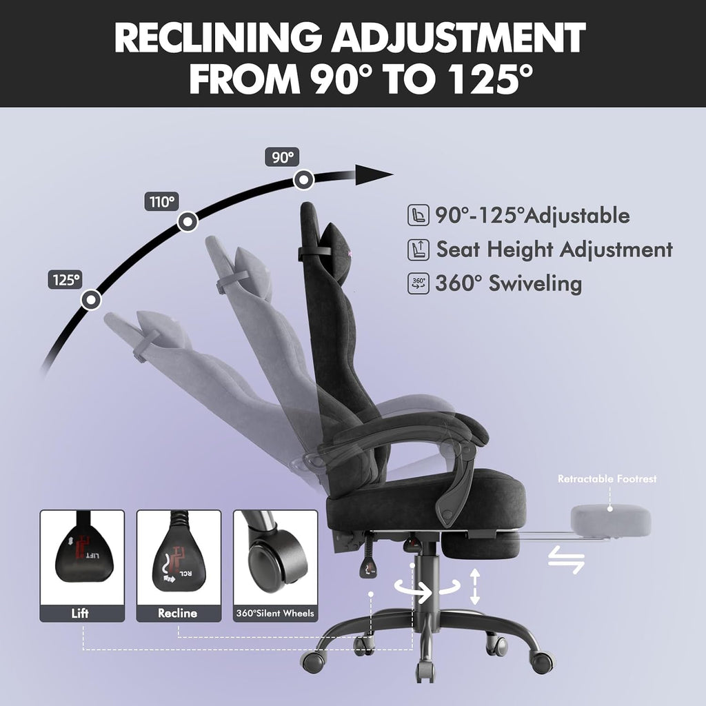 Soontrans Black Velvet Fabric Gaming Chairs with Footrest, Ergonomic Comfortable Video Gamer Chair, Reclining Office Computer Desk Game Chairs with Massage Lumbar Cushion,Headrest for Adult