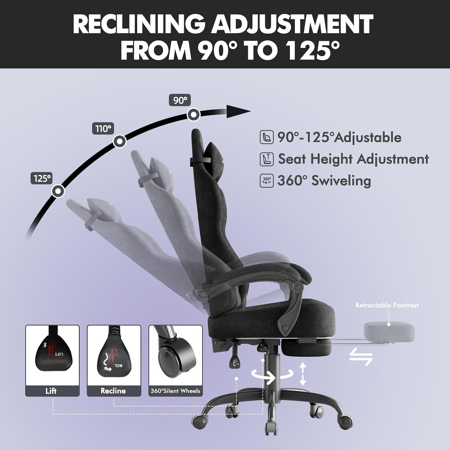 Soontrans Black Velvet Fabric Gaming Chairs with Footrest, Ergonomic Comfortable Video Gamer Chair, Reclining Office Computer Desk Game Chairs with Massage Lumbar Cushion,Headrest for Adult