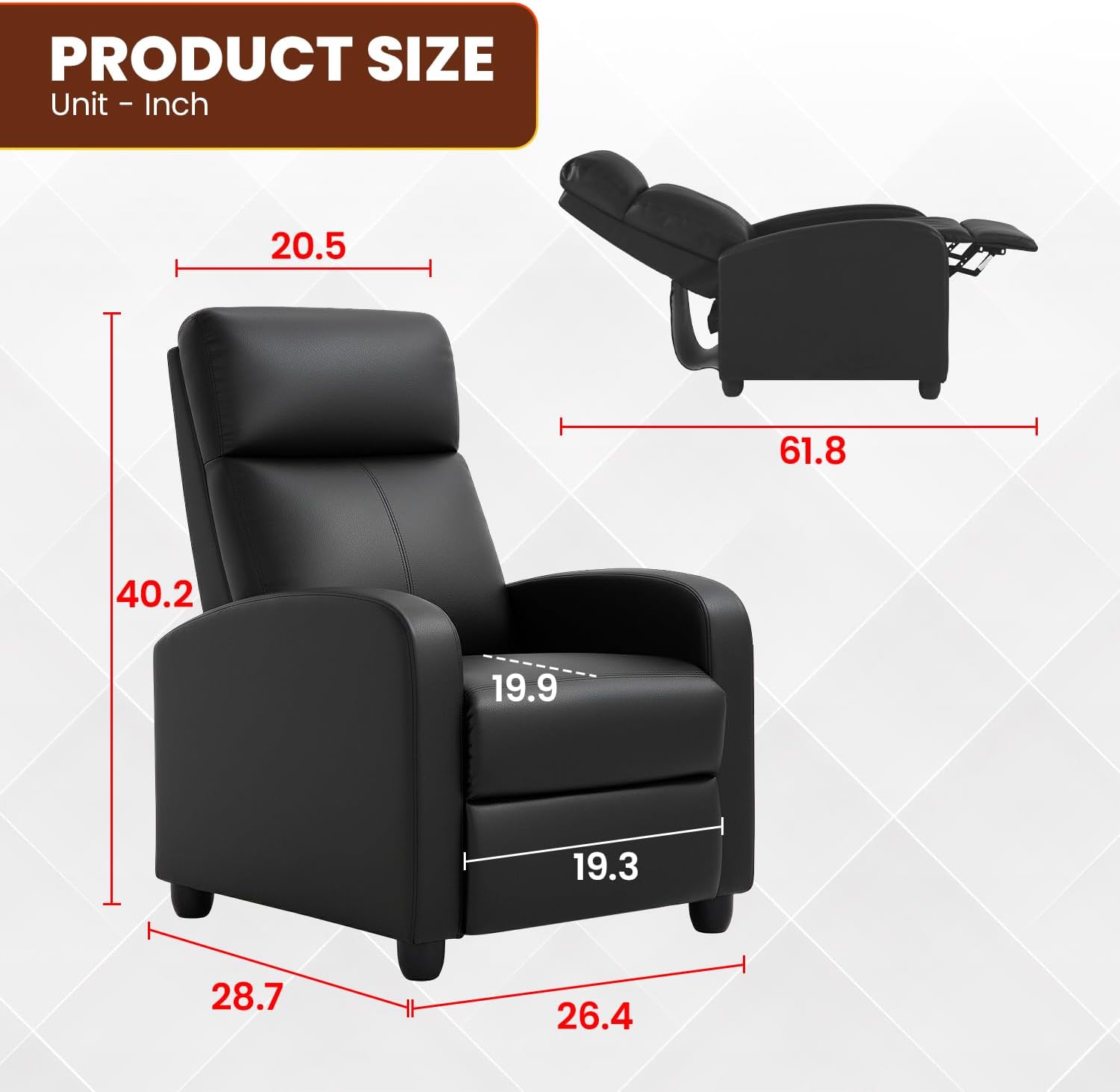 BestMassage Recliner Chair with Adjustable Backrest & Footrest, PU Leather Armchair with Lumbar Support for Living Room, Home Theater, Bedroom (Dark Black)