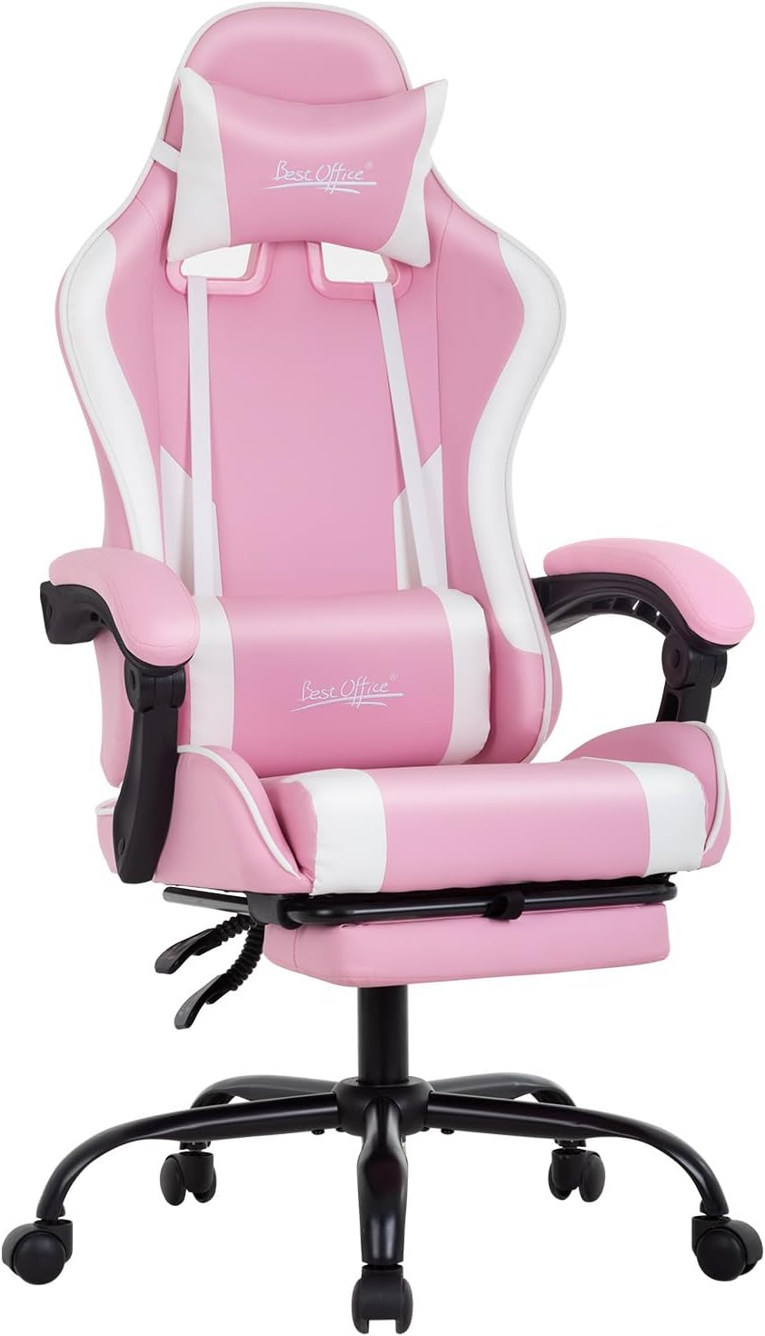 Gaming Chair Office Chair Desk Chair with Footrest Lumbar Support Headrest Armrest Task Rolling Swivel Ergonomic E-Sports Adjustable PC Gamer Chair(Pink)
