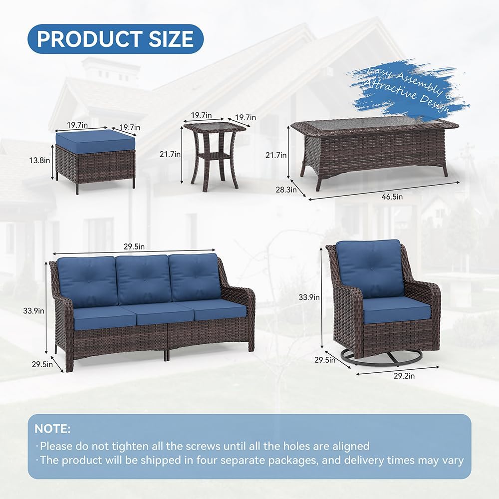 Kurapika 7-Piece Patio Furniture Set, Wicker Thick-Backed Outdoor Swivel Rocking Chair, Includes Coffee Table and Thick Cushions, Conversation Set for Porch,Patio, Navy Blue