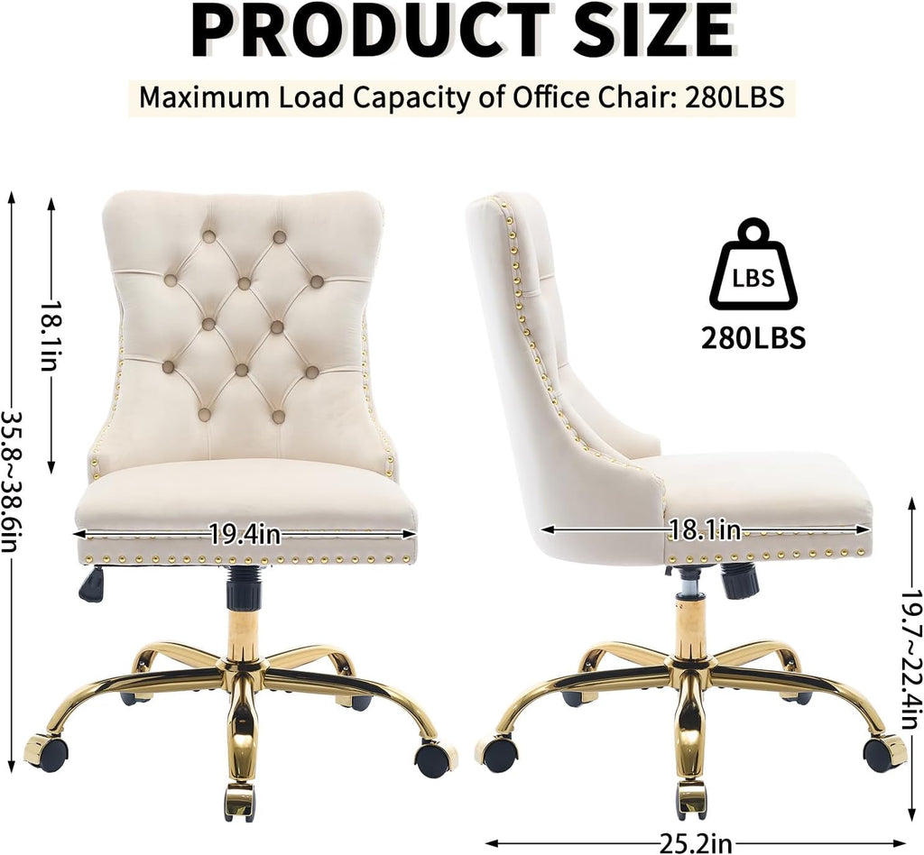 Beige Velvet Home Office Desk Chair with Wheels & Gold Base, Cute Makeup Vanity Chair with Tufted Back for Women Girls, Upholstered Adjustable Swivel Armless Office Chair for Bedroom, Beige