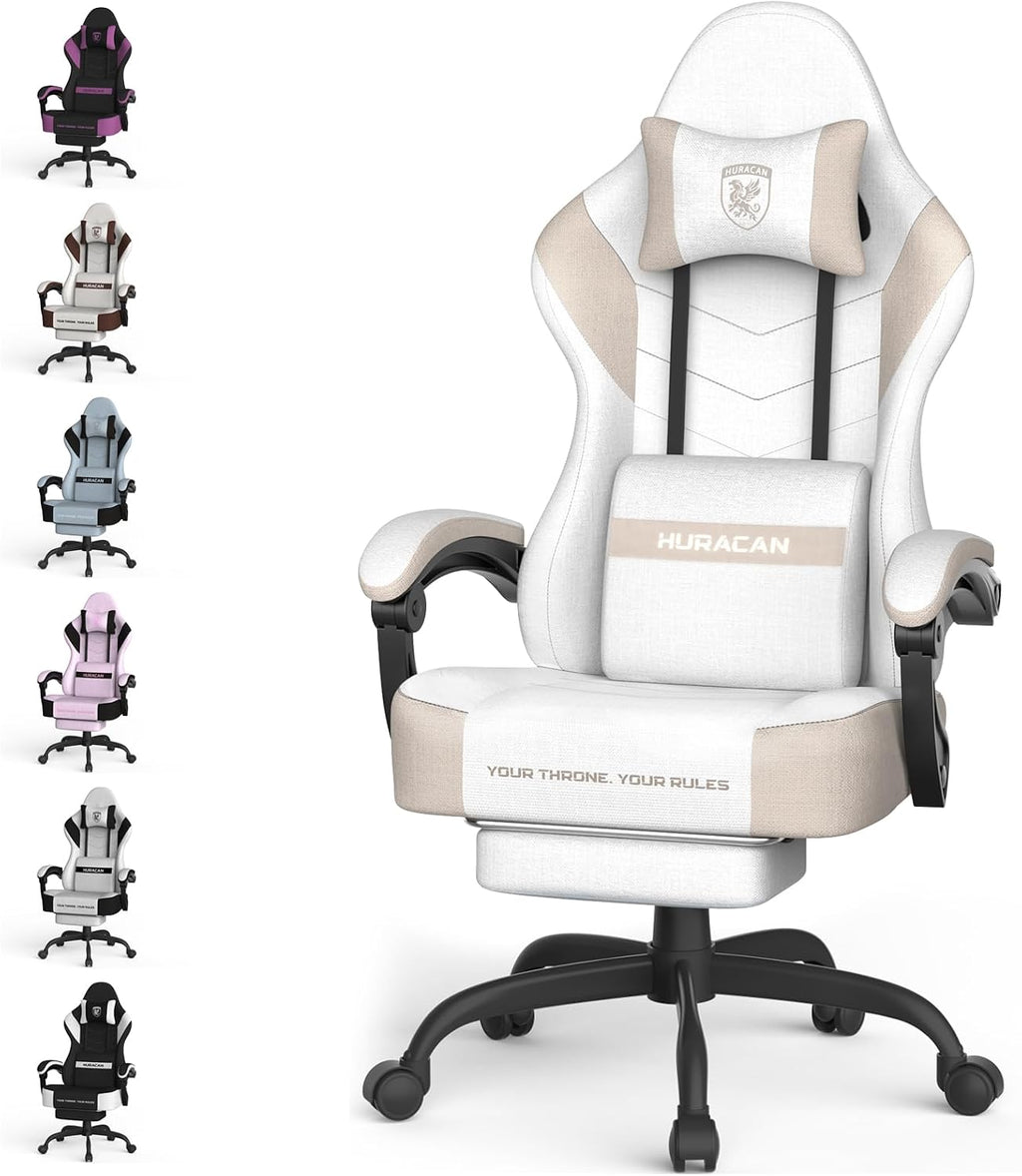 Ferghana Cotton Fabric Gaming Chair with Wider Seat Cushion, Shield-Shaped Embroidery Ergonomic High Back Game Chair with Footrest, Computer Chair with Massage Lumbar Support for Adult, Beige