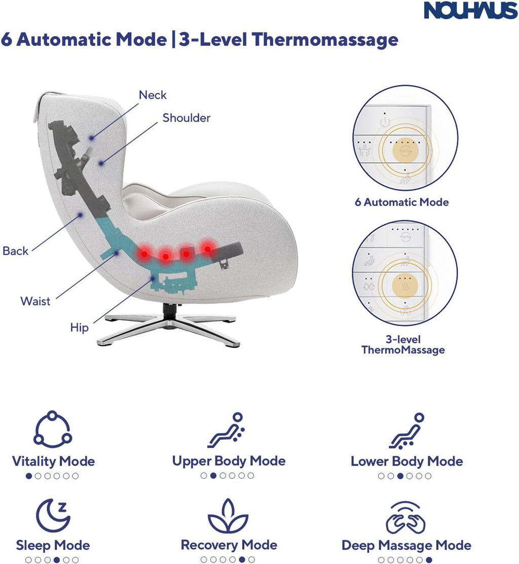 Nouhaus Classic Massage Chair with Ottoman. White Leather Lounge Chair, with Percussive & Shiatsu Chair Massager, Bluetooth Speaker and Recliner. Cozy Bedroom Chair with Spot and Full Body Massager