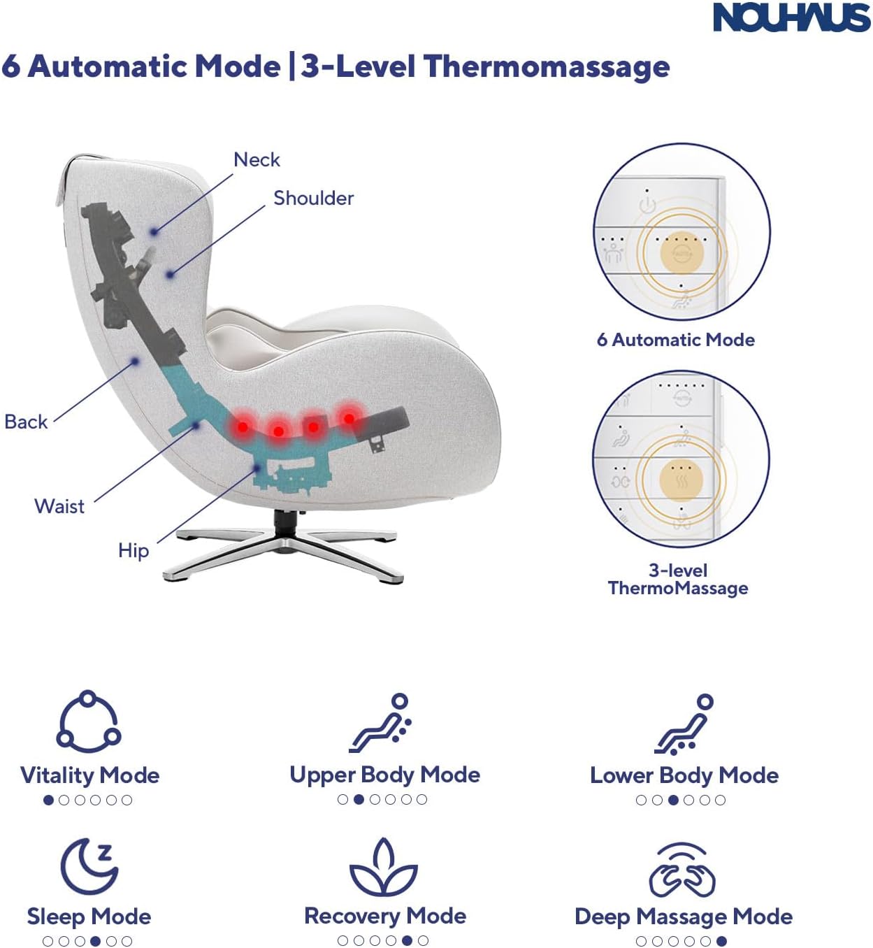 Nouhaus Classic Massage Chair with Ottoman. White Leather Lounge Chair, with Percussive & Shiatsu Chair Massager, Bluetooth Speaker and Recliner. Cozy Bedroom Chair with Spot and Full Body Massager