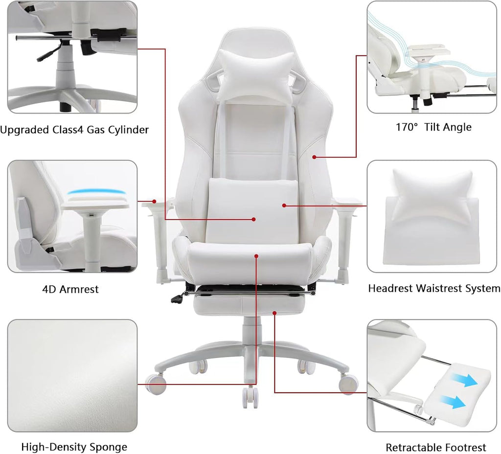 Gaming Chair for Office and Home, Footrest and Seat Height Adjustable Swivel Ergonomic Video Game Chair, Computer Chair with Headrest and Lumbar Support for Adults Big Man Women(White)