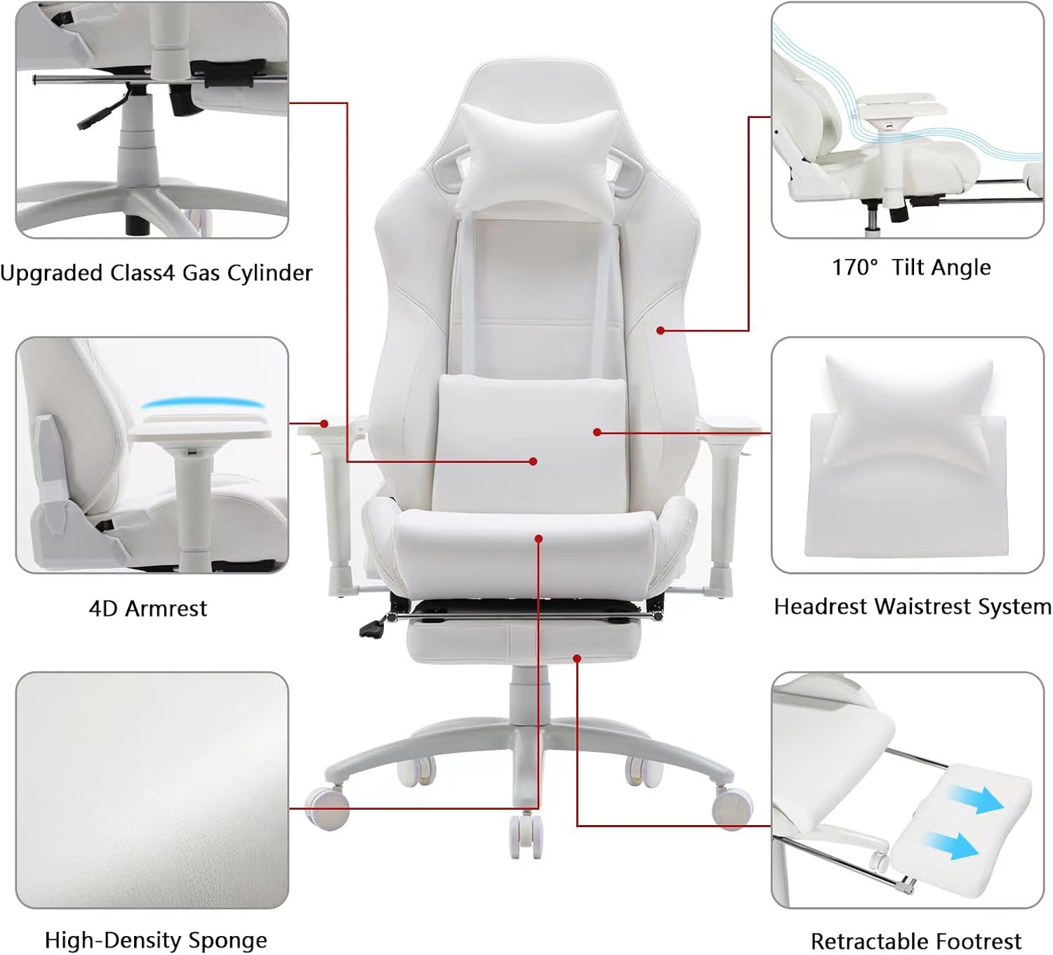 Gaming Chair for Office and Home, Footrest and Seat Height Adjustable Swivel Ergonomic Video Game Chair, Computer Chair with Headrest and Lumbar Support for Adults Big Man Women(White)