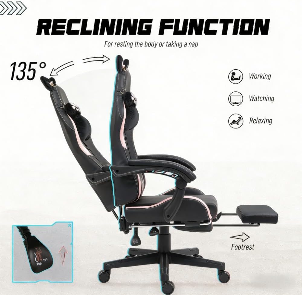 Pink Gaming Chair with Cute Cat Ears Comfy Ergonomic Computer Chair with Footrest and Headrest, Video Game Chairs for Girls, Adult, Teen, Height Adjustable, Lumbar Support (Pink Black)