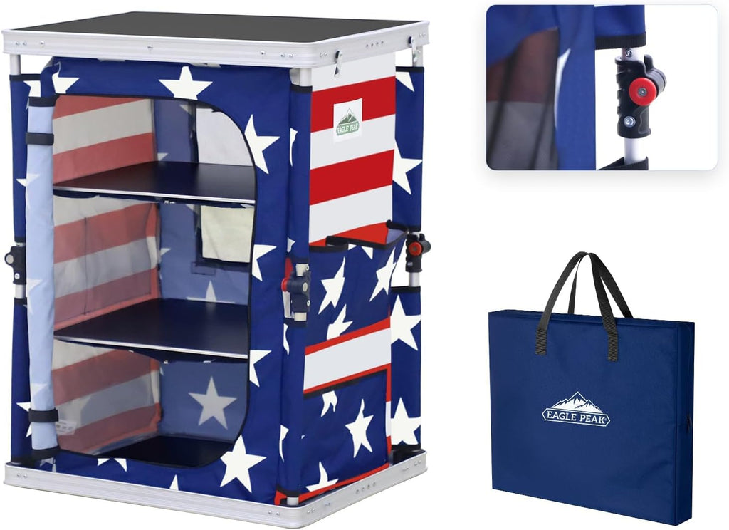 EAGLE PEAK Outdoor Folding Camping Table with Large 3-Tier Storage Organizer and Side Pockets, Easy Set Up Portable Aluminum Camping Kitchen, American Flag