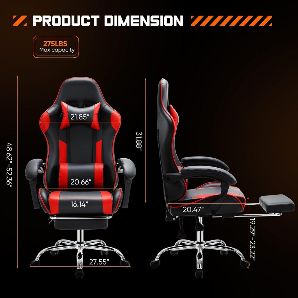 Heavy Duty Gaming Chair, Ergonomic Gamer Chair for Home Office with Footrest, Lumbar Support, Adjustable Backrest, Stable 360° Swivel Wheels for Adults, Professional Gamers and Teens, Red