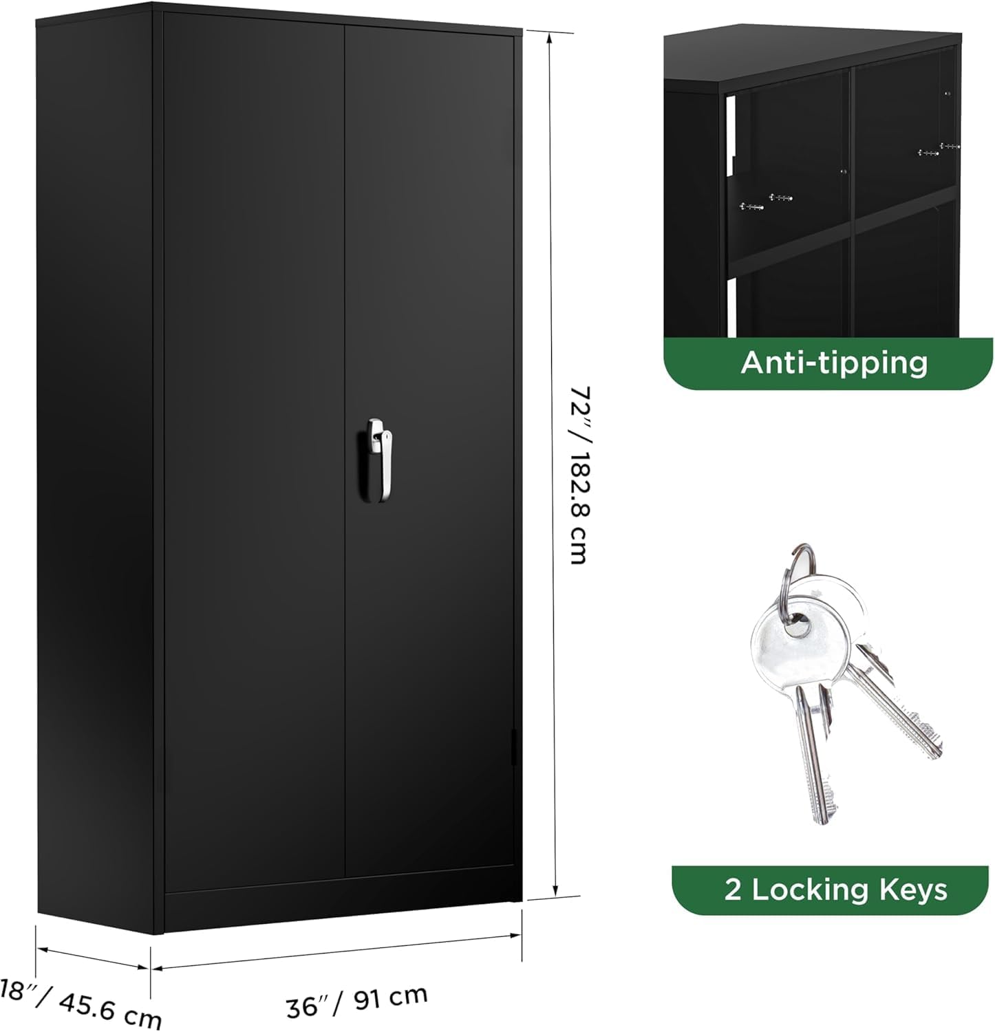 Greenvelly Metal Cabinet with Lock,72' Metal Storage Cabinet with 2 Doors and Adjustable 4 Shelves, Locking Cabinet for Home Office, Garage(36' W x 18' D)