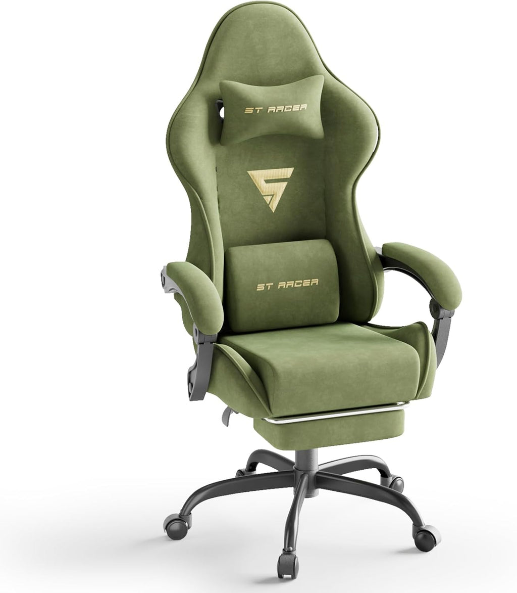 Soontrans Velvet Fabric Gaming Chair with Footrest, Comfortable Video Gamer Chair for Adult, Ergonomic Office Computer Desk Game Chairs with Massage Lumbar Cushion,Headrest
