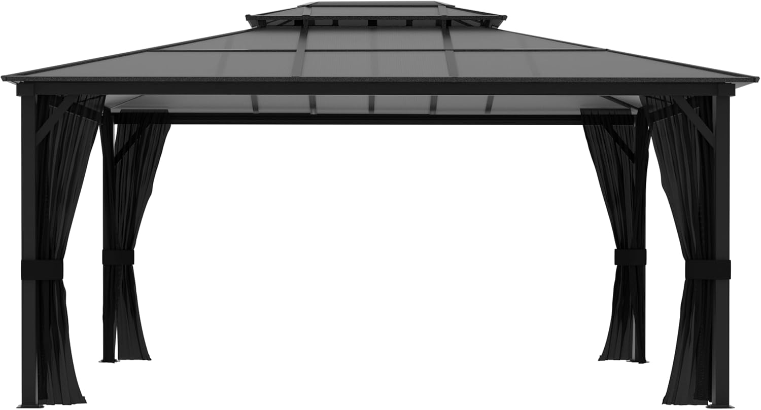 MUPATER Outdoor Gazebo, 12' x 16' Polycarbonate Hardtop with Aluminum Frame, Double Roof Patio with Insect Netting for Patios, Deck, Lawns and Gardens, Black