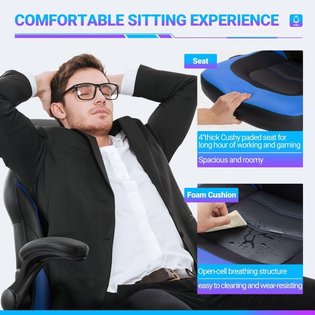 Heavy Duty Gaming Chair Ergonomic Gamer for Home Office with Lumbar Support, Adjustable Backrest, Flip-Up Armrest and Stable 360° Swivel Wheels for Adults, Professional Gamers and Teens, Black-Blue