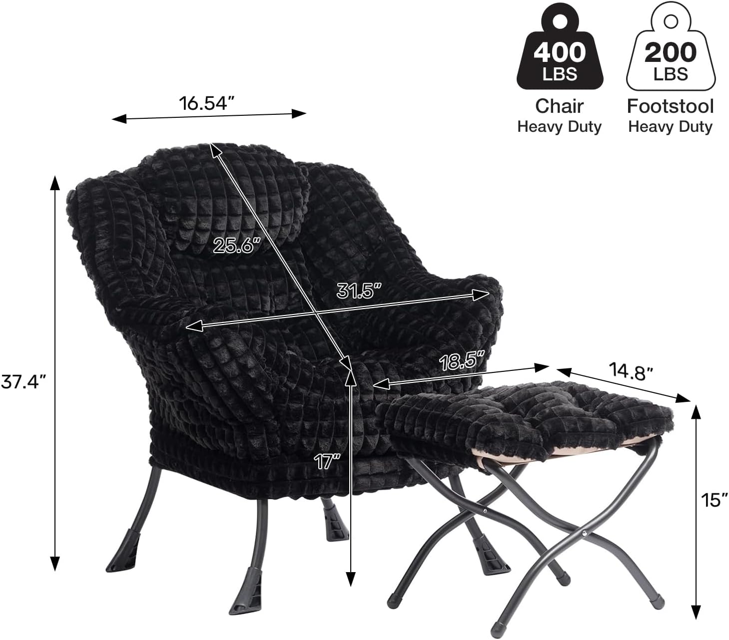 HollyHOME Lazy Chair with Foldable Ottoman, Accent Comfy Lounge Armchair and Folding Footrest Stool, Leisure Sofa Reading Chair and Footstool for Living Room, Bedroom, Dorm,Faux Fur Black