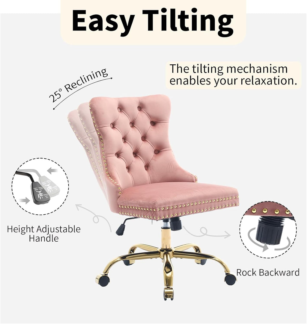 Pink Velvet Home Office Desk Chair with Wheels & Gold Base, Comfy Makeup Vanity Chair with Tufted Back for Women Girls, Upholstered Adjustable Swivel Armless Office Chair for Bedroom, Pink