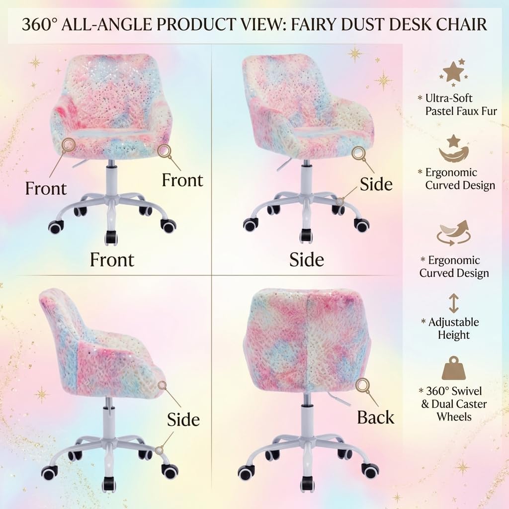HEAH-YO Swivel Kids Chair with Wheels, Adjustable Kids Desk Chair with Armrest and Back, Cute Faux Fur Kid Study Chairs for Boys and Girls, Light Multi-Colour