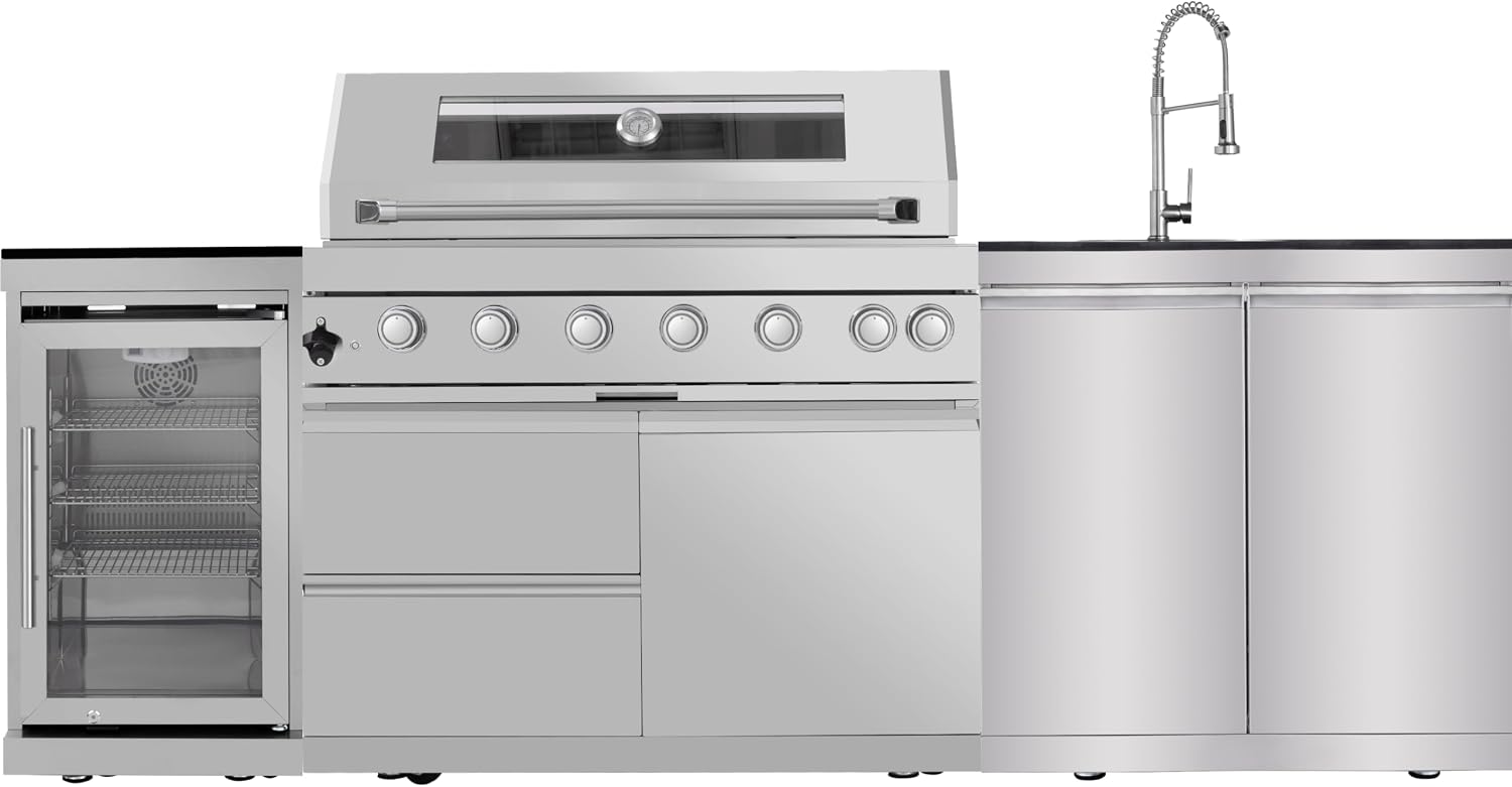 Modular Outdoor Kitchen BBQ Island, 96' Outdoor Kitchen Propane Gas Island Grill with Sink, Compact Refrigerator, Storage Cabinets, Rotisserie Kit (Silver, 96')