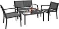Greesum 4 Pieces Outdoor Furniture Set All Weather Patio Conversation Set with Porch Loveseat, Garden Bistro Chairs with Glass Coffee Table for Garden Backyard Poolside Textile Modern, Black