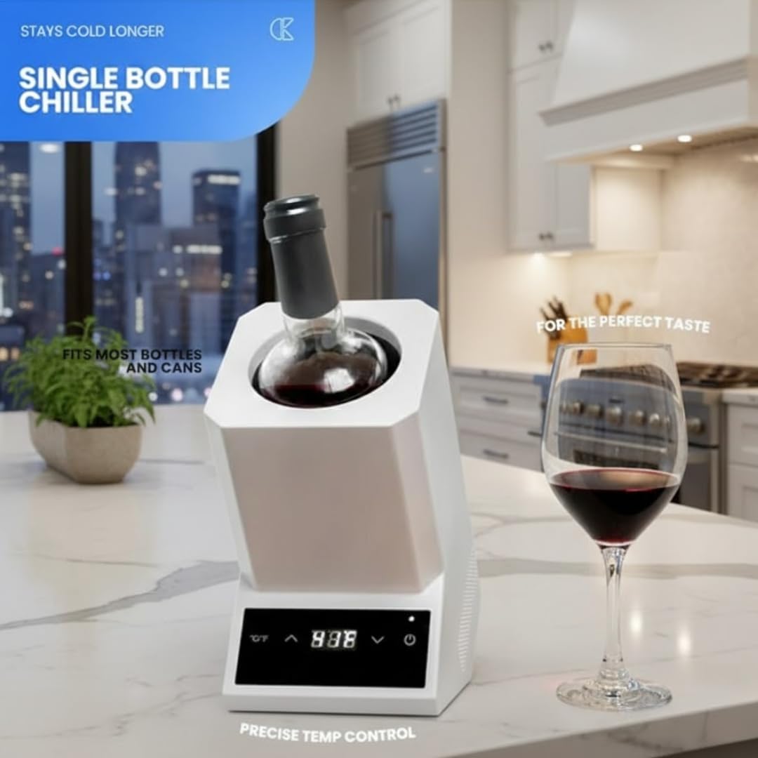 Electric Wine Chiller | Single Bottle Portable Wine Cooler with LED Touch Display & Adjustable Temperature | Sleek Iceless Wine Chilling for Modern Kitchens