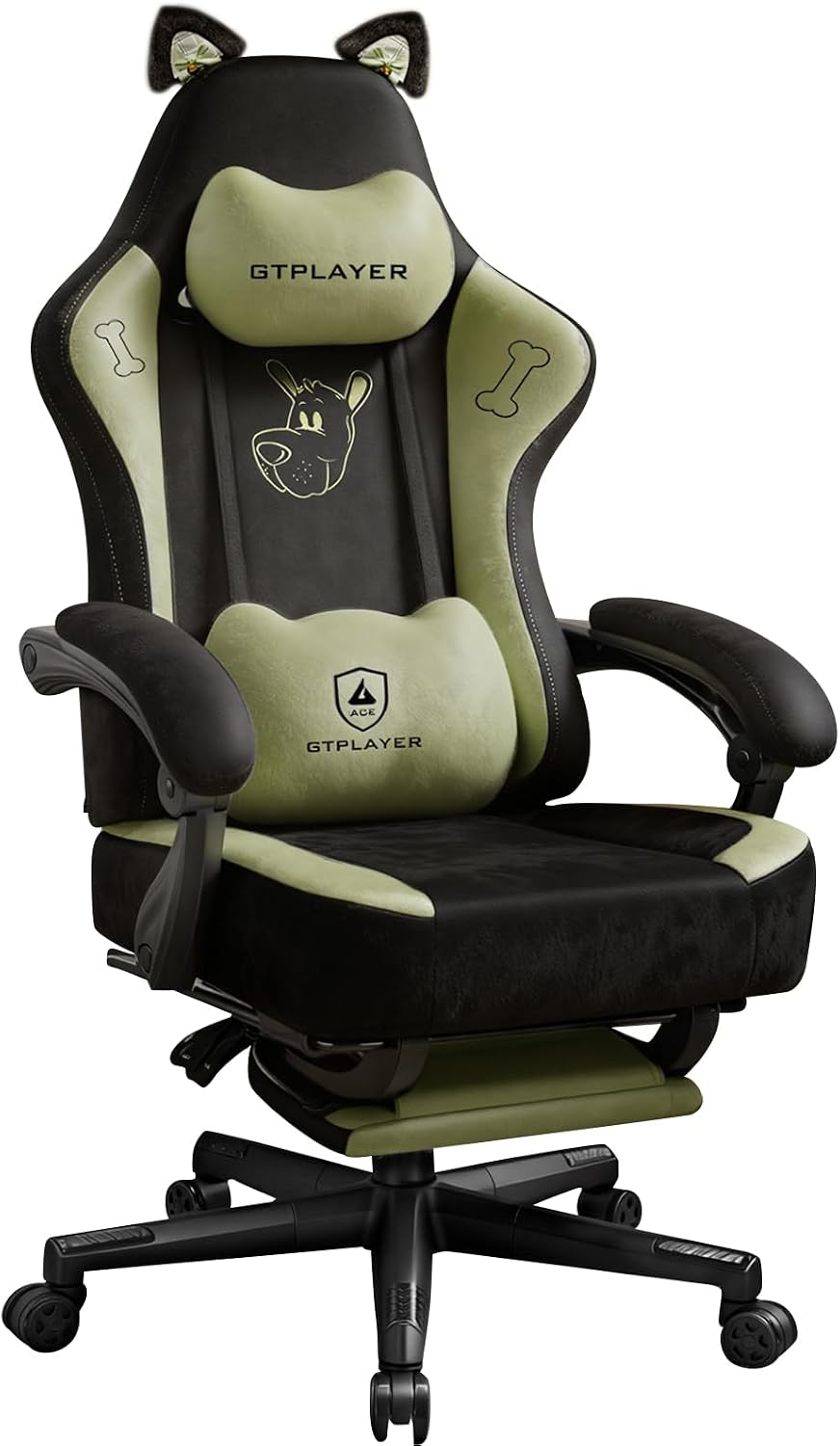 GTPOFFICE Cute Gaming Chair with Cat Ears, Ergonomic Computer Chair with Footrest Cat Paw Lumbar Support Comfortable Reclining Game Chair Desk Chair for Adult Teens, Soft Fabric, Green