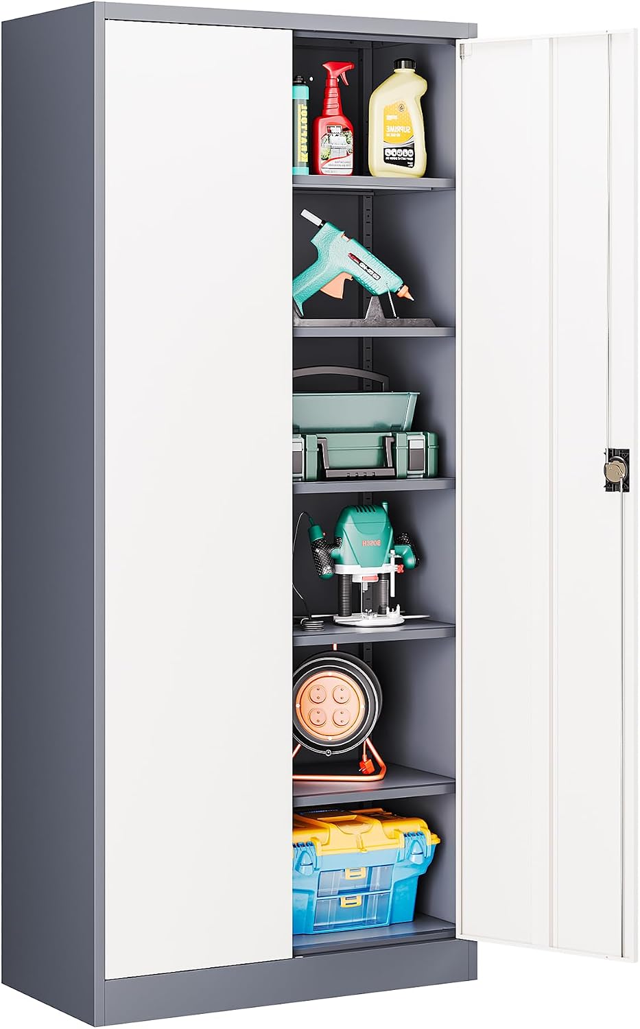 Metal Cabinet,Locking Storage Cabinet with 2 Doors and 5 Adjustbale Shelves,72' Tall Tool Steel Cabinets for Garage,Home Office,School,Gym(Grey & White)