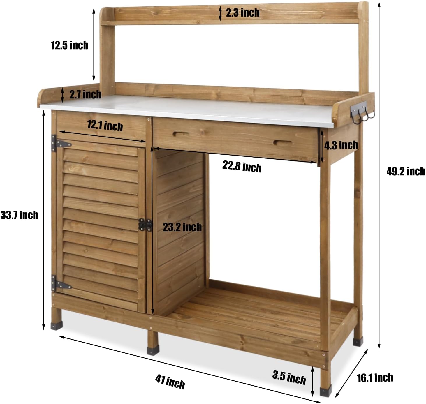 PetsCosset Garden Potting Benche Table Outdoor Wooden Work Station W/Metal Table top,Cabinet,Drawer,Large Bottom Shelf,Open Shelf Natural Wood-Brown-Brown