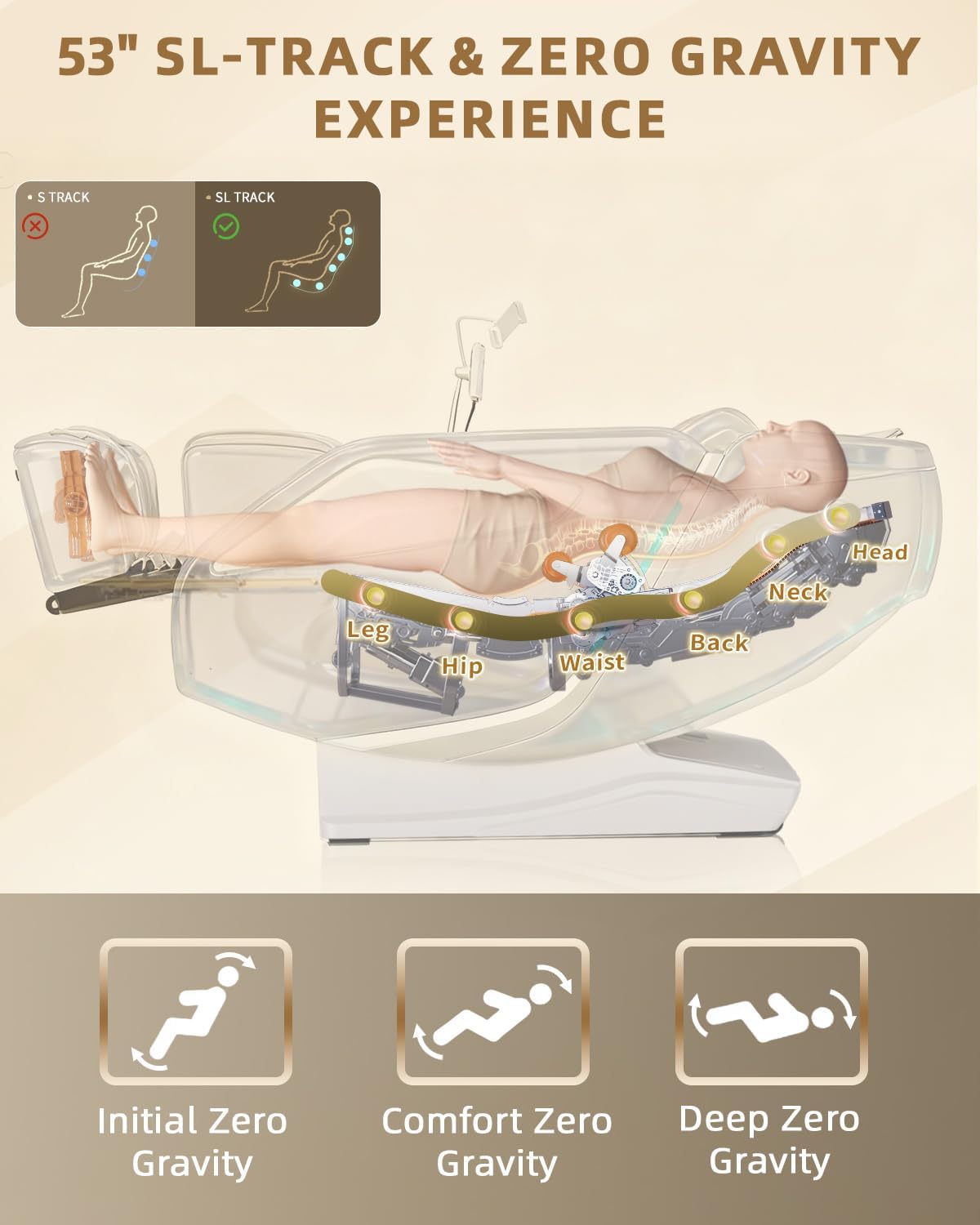 Full Body Zero Gravity Massage Chair with Body Scan 4D Intelligent Shiatsu Strecth Massage, Back/Leg Heated with AI Voice Control Bluetooth Speaker Airbags SL Track Massage Beige