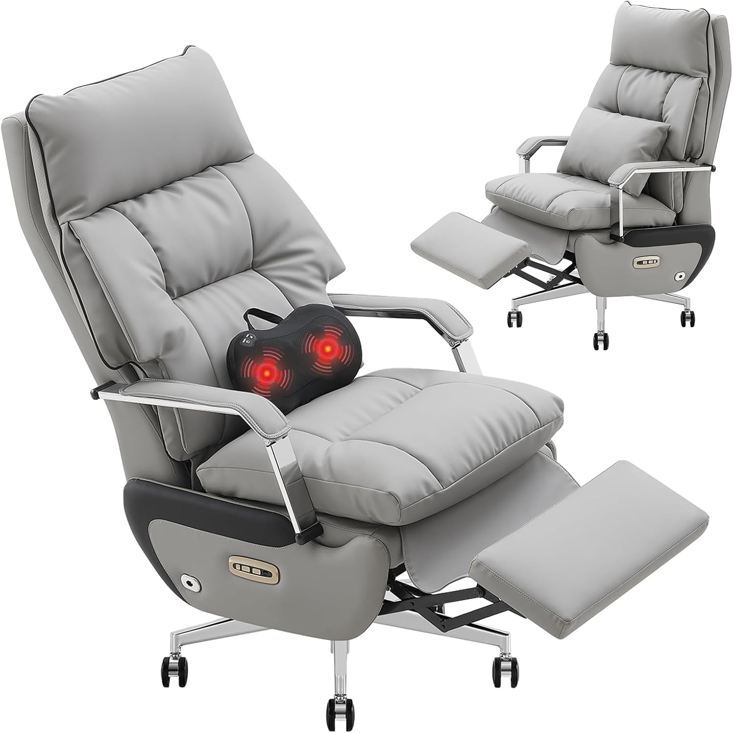 Dual Motor Executive Reclining Office Chair with Footrest – One-Click Electric Recline, Massage Lumbar Support & Pillow, Big and Tall PU Leather Ergonomic Desk Chair for Home Office(Gray)