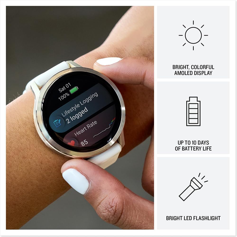 Garmin 010-03013-01 Venu 4, 41mm Health & Fitness GPS Smartwatch Silver with Periwinkle Silicone Band Bundle with Deco Essentials Exclusive 26 Month CPS Enhanced Protection Pack