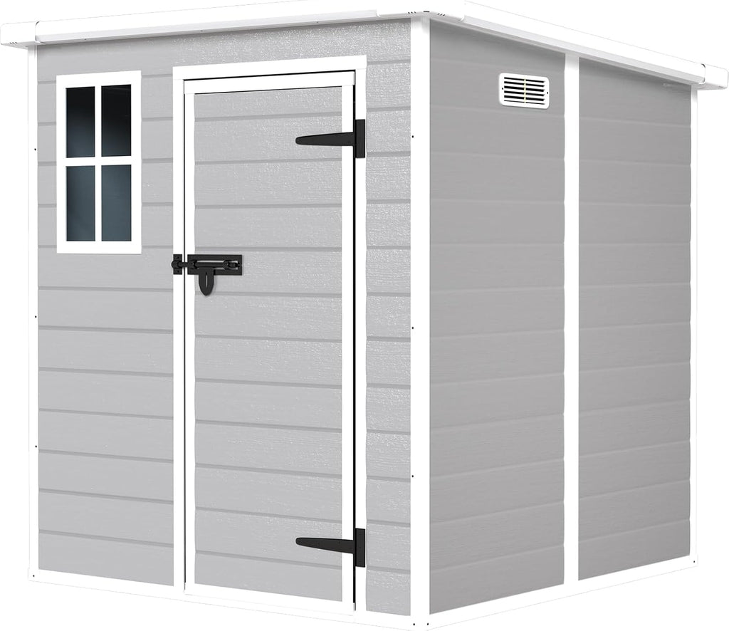 Resin Storage Shed 6x6ft Outdoor Storage Sheds with Floor & Window, Lockable Doors and Vents, Small Tool Shed with Sloped Roof, Sheds for Backyard, Garden, Patio, Lawn (Light Grey, 6 * 6ft)