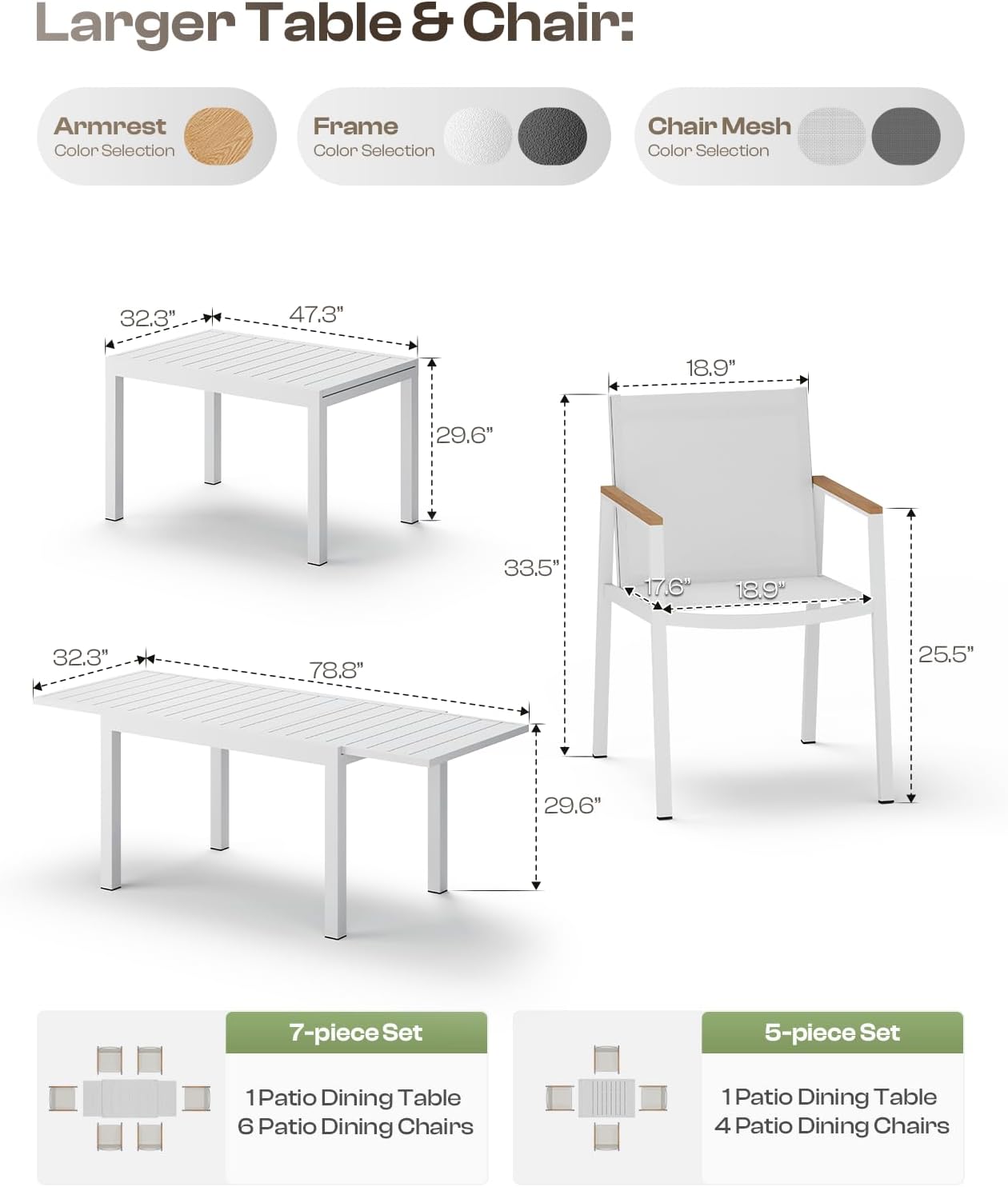 Expandable Outdoor Patio Dining Table Set for 6-8 Person, Aluminum Outdoor Table and 4 Chairs with Textilene Fabric & HDPS Armrest, All-Weather Patio Furniture Set for Yard, Garden, White