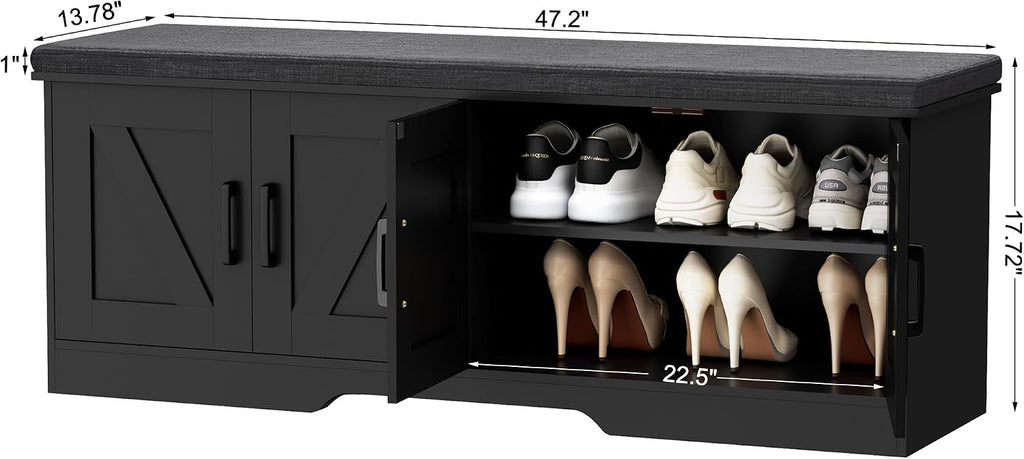 HOMSHO 2-Tier Storage Bench, 47.2' Wide Shoe Bench with Padded Seat Cushion, Entryway Bench with 4 Barn Doors and Adjustable Shelf, Black