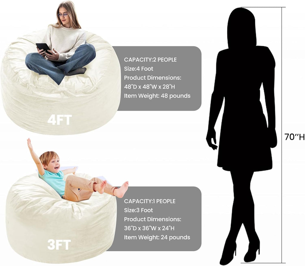 Memory Foam Bean Bag Chair, Oversized Sofa for Adults, Teens & Kids, Removable Velvet Cover, Ultra Comfortable for Gaming, Bedroom, Living Room, or Dorm(Beige, 4ft w/Footstool)