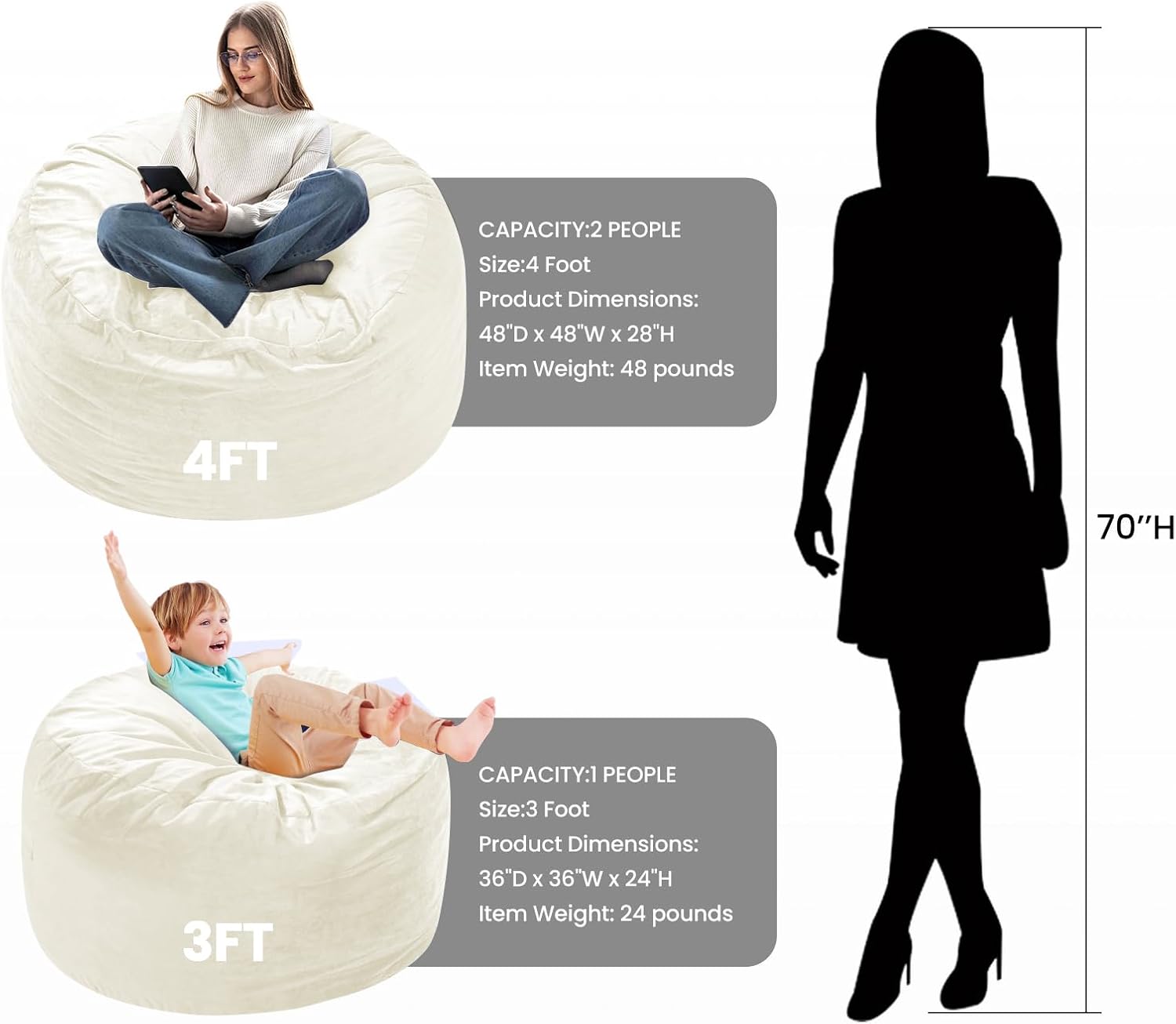 Memory Foam Bean Bag Chair, Oversized Sofa for Adults, Teens & Kids, Removable Velvet Cover, Ultra Comfortable for Gaming, Bedroom, Living Room, or Dorm(Beige, 4ft w/Footstool)
