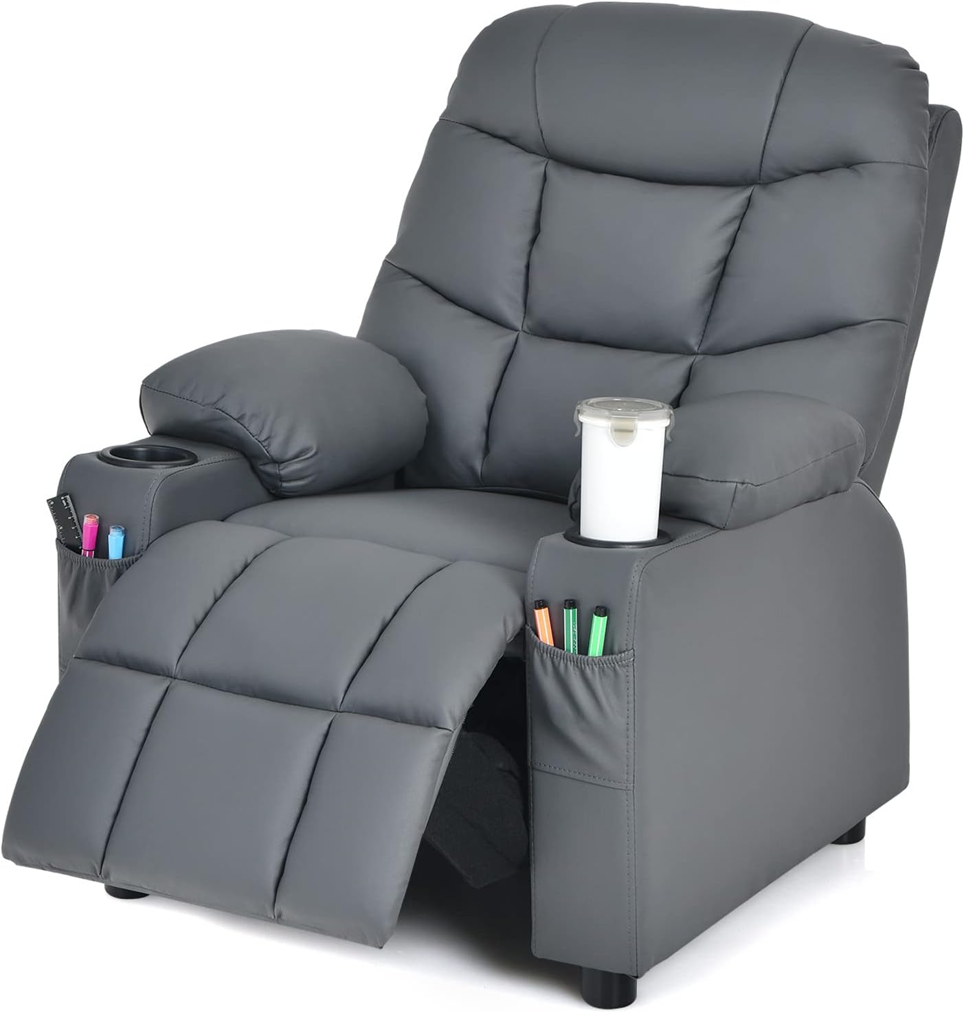MAT EXPERT Kids Recliner, Leather Adjustable Reading Gaming Chair w/ 2 Cup Holder, 3 Side Pocket Storage & Footrest, Kids Couch Toddler Lounge Chair for Boys Girls, Kids Room Playroom Nursery (Grey)