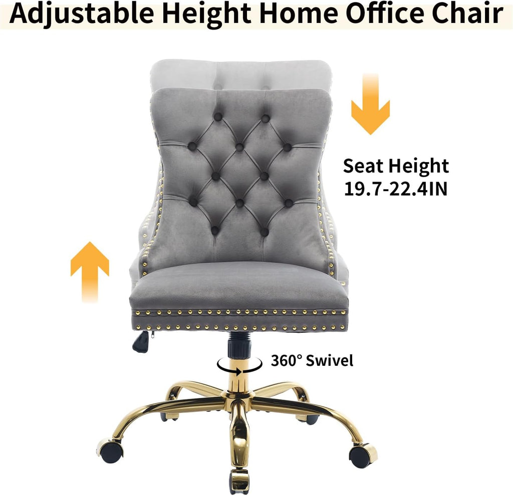 Grey Velvet Home Office Desk Chair with Wheels & Gold Base, Modern Swivel Comfy Office Chair Vanity Chair Task Chair, Upholstered Adjustable Wingback Armless Desk Chair for Home Office,Bedroom,Grey