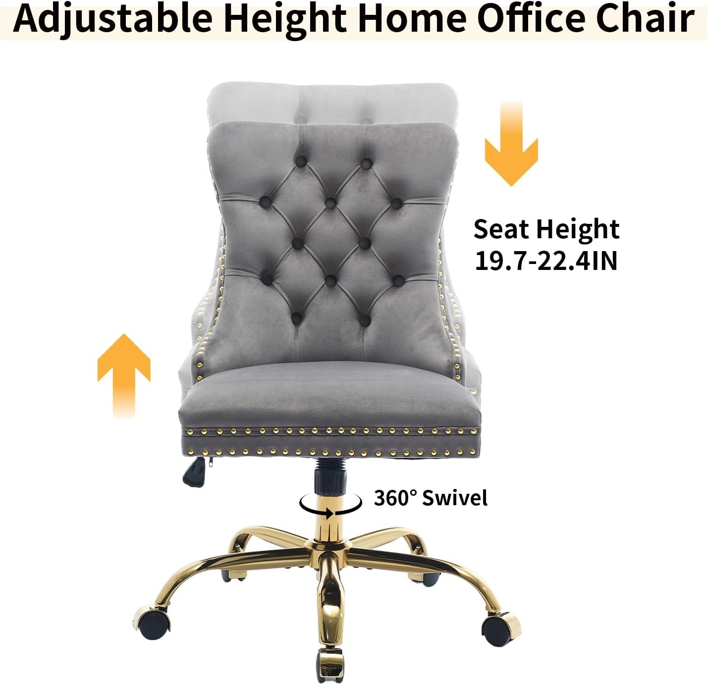 Grey Velvet Home Office Desk Chair with Wheels & Gold Base, Modern Swivel Comfy Office Chair Vanity Chair Task Chair, Upholstered Adjustable Wingback Armless Desk Chair for Home Office,Bedroom,Grey