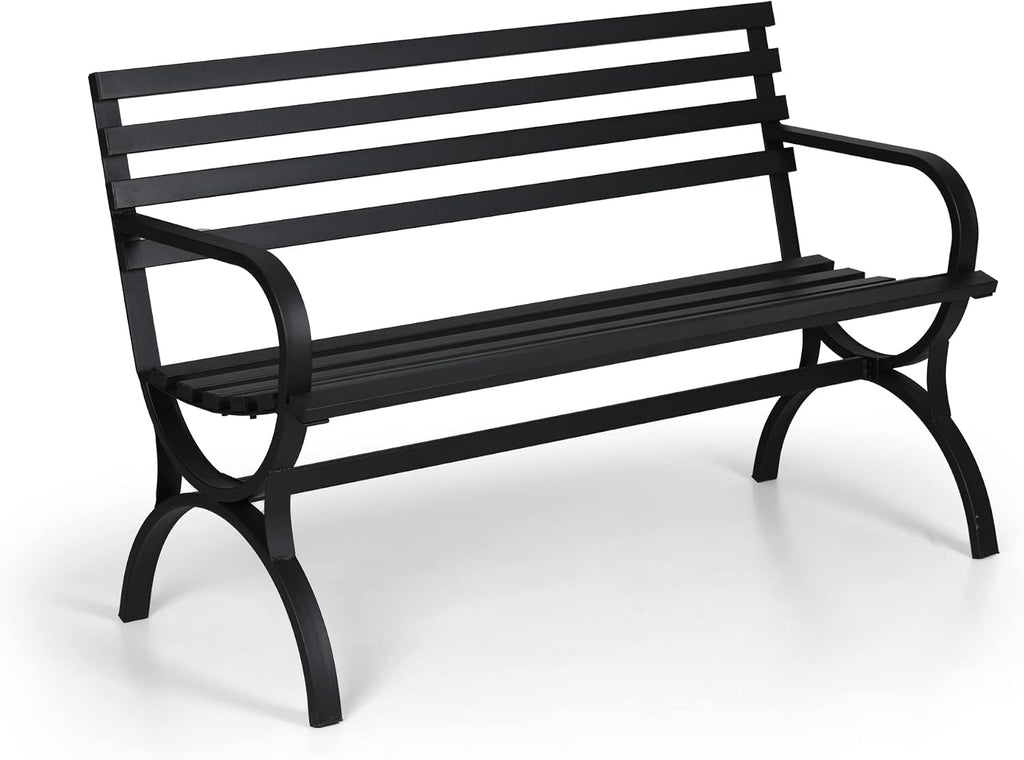 PHI VILLA Outdoor Garden Bench, 48' Long Metal Steel Bench with Backrest and Armrests, Modern Slatted Design for Patio, Lawn, Yard, Porch - Black