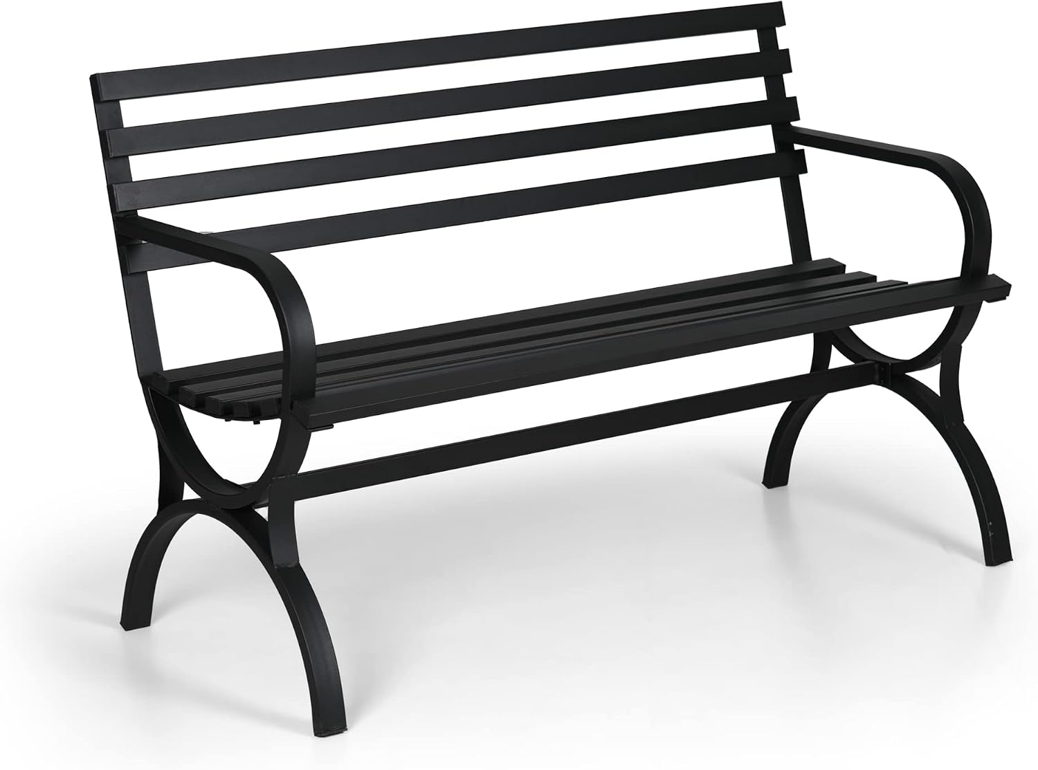 PHI VILLA Outdoor Garden Bench, 48' Long Metal Steel Bench with Backrest and Armrests, Modern Slatted Design for Patio, Lawn, Yard, Porch - Black