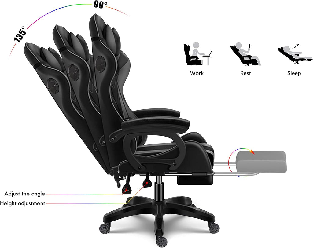 Gaming Chair with LED Lights and Speakers, Music Video Chair for Adults with Massage and Footrest, Ergonomic Chair with Headrest and Lumbar Support, Maximum Load 150KG. (Pink+White)