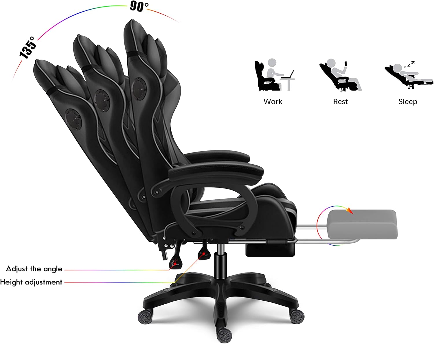 Gaming Chair with LED Lights and Speakers, Music Video Chair for Adults with Massage and Footrest, Ergonomic Chair with Headrest and Lumbar Support, Maximum Load 150KG. (Pink+White)