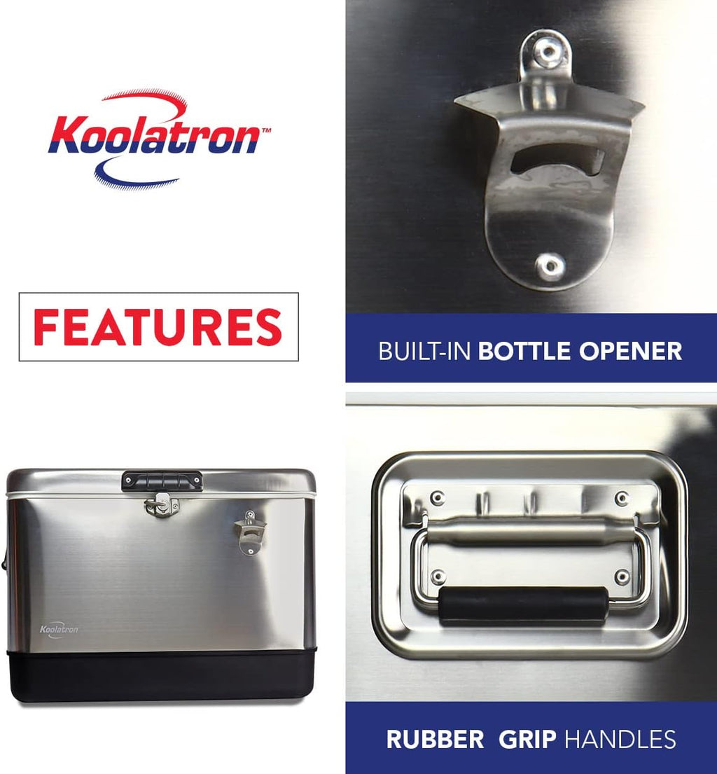 Koolatron Ice Chest Cooler - Portable Ice Bucket with Bottle Opener, Vintage Style, Insulated for Camping, Beach, Picnic, RV, BBQs, Tailgating, Fishing, Stainless Steel 85 Can Ice Box, 51L (54 qt)
