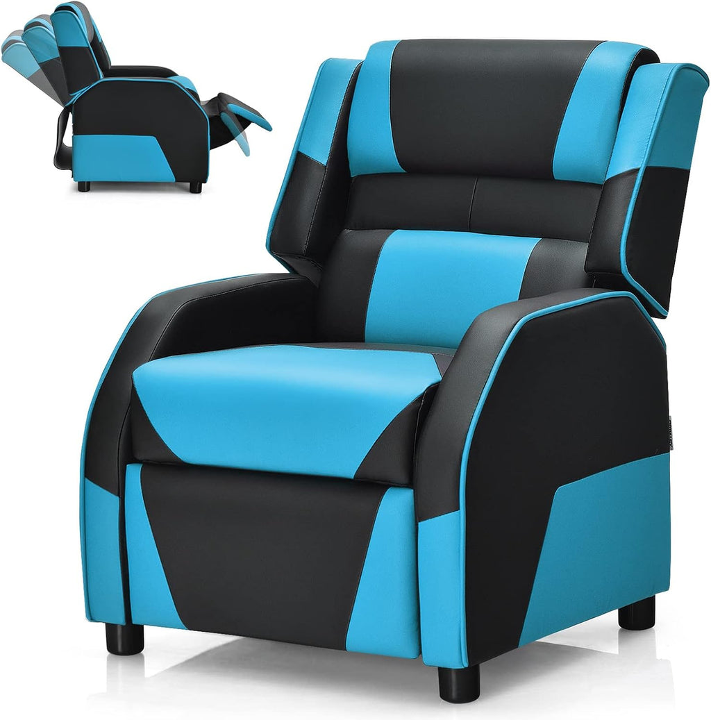 COSTWAY Kids Recliner Sofa, Toddler Leather Recliner with Adjustable Footrest & Headrest, Gaming Reclining Chair for Boys Girls Aged 3 Years Up, Kid-Sized Lounge Chair for Living Room (Blue)