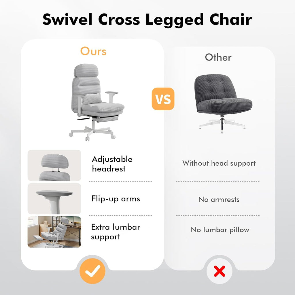 GXJ Criss Cross Chair with Flip-up Arms, Executive Office Chair with Foot Rest, Cross Legged Office Chair G800 Plus, Extra Lumbar Pillow, Corduroy Comfy Computer Desk Chair for Home, Grey