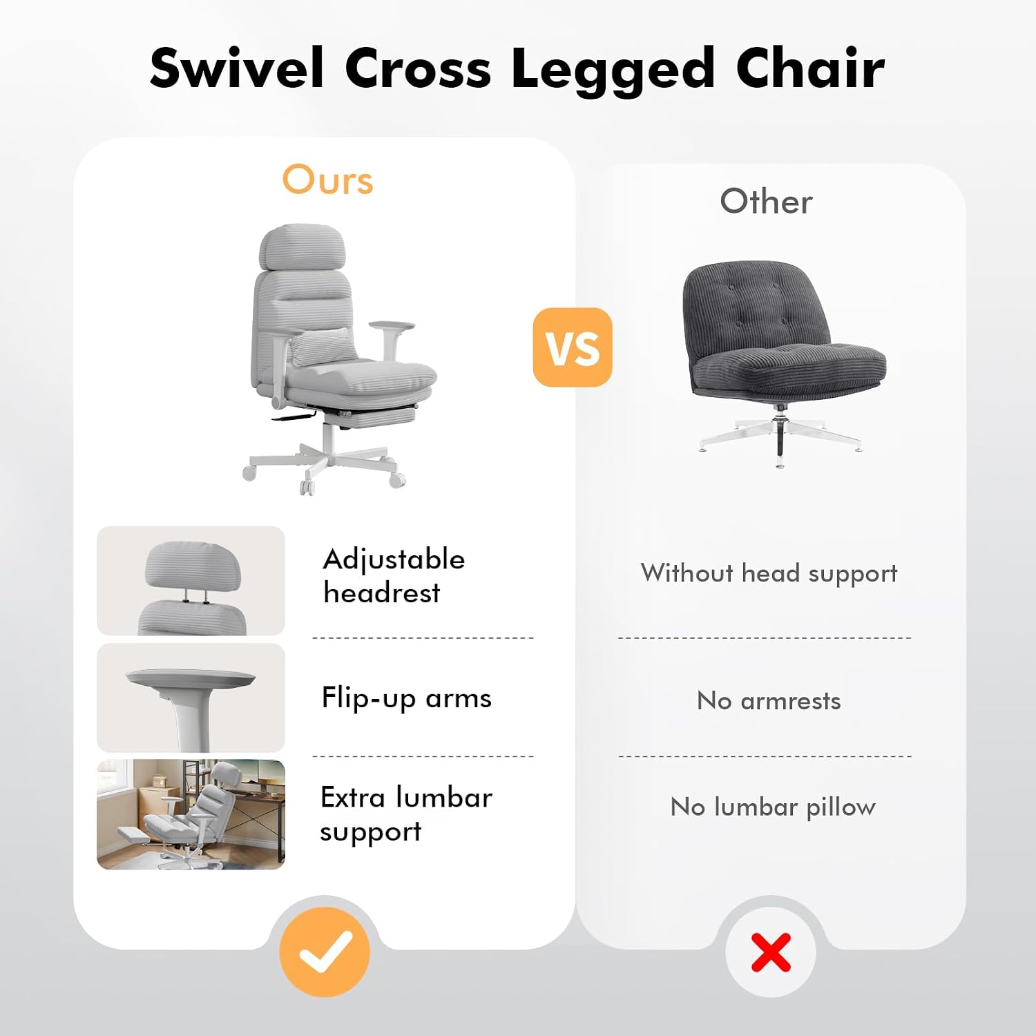 GXJ Criss Cross Chair with Flip-up Arms, Executive Office Chair with Foot Rest, Cross Legged Office Chair G800 Plus, Extra Lumbar Pillow, Corduroy Comfy Computer Desk Chair for Home, Grey