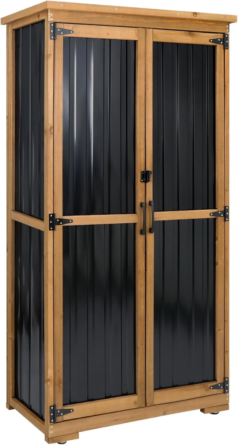 Outdoor Storage Cabinet Wood & Metal with Waterproof Roof, Garden Tool Shed with 3 Removable Shelves, 4 adjustable reinforced feet with metal brackets, 6 T-Hinge, magnetic door,15.6'D x 32.3'W x 66'H