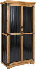Outdoor Storage Cabinet Wood & Metal with Waterproof Roof, Garden Tool Shed with 3 Removable Shelves, 4 adjustable reinforced feet with metal brackets, 6 T-Hinge, magnetic door,15.6'D x 32.3'W x 66'H