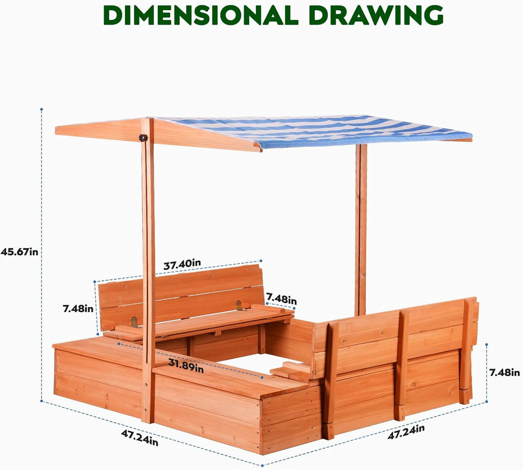Kids Wooden Outdoor Sandbox with Cover，Sand Boxes with Canopy and Foldable Storage Bench Seats, Sand Table with Protection Bottom Liner,Kids Play Equipment for Outdoor(47X47Inch)